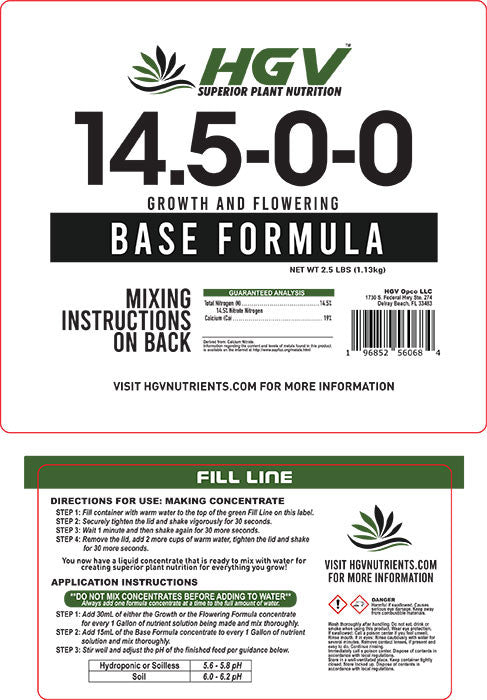 HGV Nutrients Growth and Flower Base Formula Ready-to-Mix - 1 or 2.5 Gallon Jugs